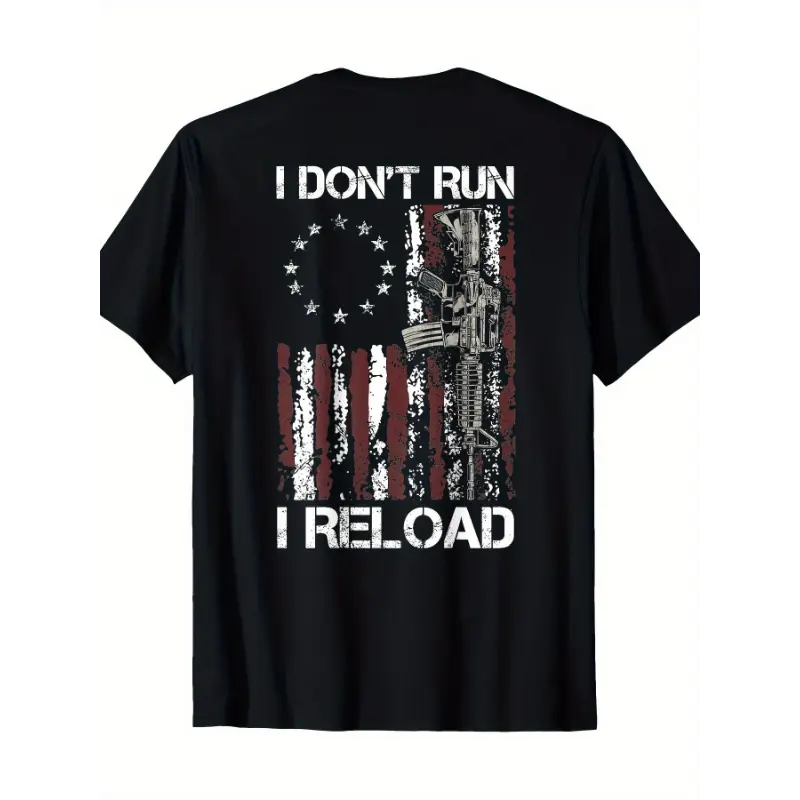 Men's Regular Fit 100% Combed Cotton Graphic Tee - American-Themed Graphic Style Funny Print "I Don't Run, I Reload", Short Sleeve Crew Neck Fabric, Hassle-Free Guarantee, Funny Print Men's Short-Sleeve T-Shirts, Fitted