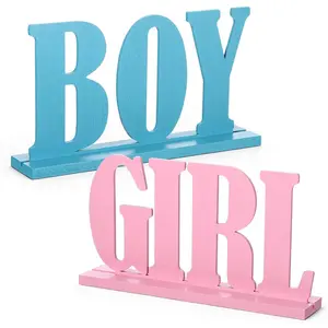 Boy Girl Wooden Table Decorations, Blue/Pink Gender Reveal Tables Centerpieces Signs for He/She, Boy Girl Letter Table Signs with Bases, Decorative Wooden Tabletop Decor for Shower Party