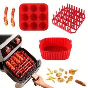3 Pcs Premium Square Air Fryer Silicone Set,Including Bacon & Hot Dog Rack,9-Cavity Cake Mold,Air Fryer Pan,Dishwasher Safe,for Baking,Roasting,Frying,Kitchen Accessories
