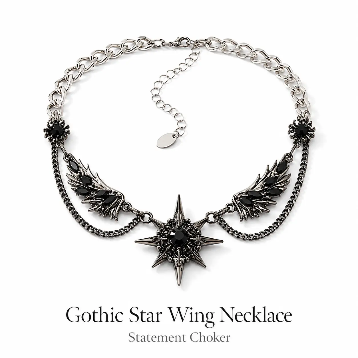 Women's Gothic Star Pendant Necklace - 34cm Silver-Tone Black Crystal Dramatic Wing Details, Lightweight Jeweled Wing Necklaces, Gothic Jewelry for Daily Wear & Special Occasions, Bold Mysterious Stylish Feminine Gift Accessory