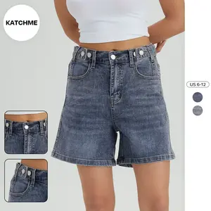KatchMe Women's Chic High Waist Adjustable Button Multi-Pocket Denim Shorts, Versatile Women's Stretch Bottom, Street Womenswear, Chic Bermuda Shorts