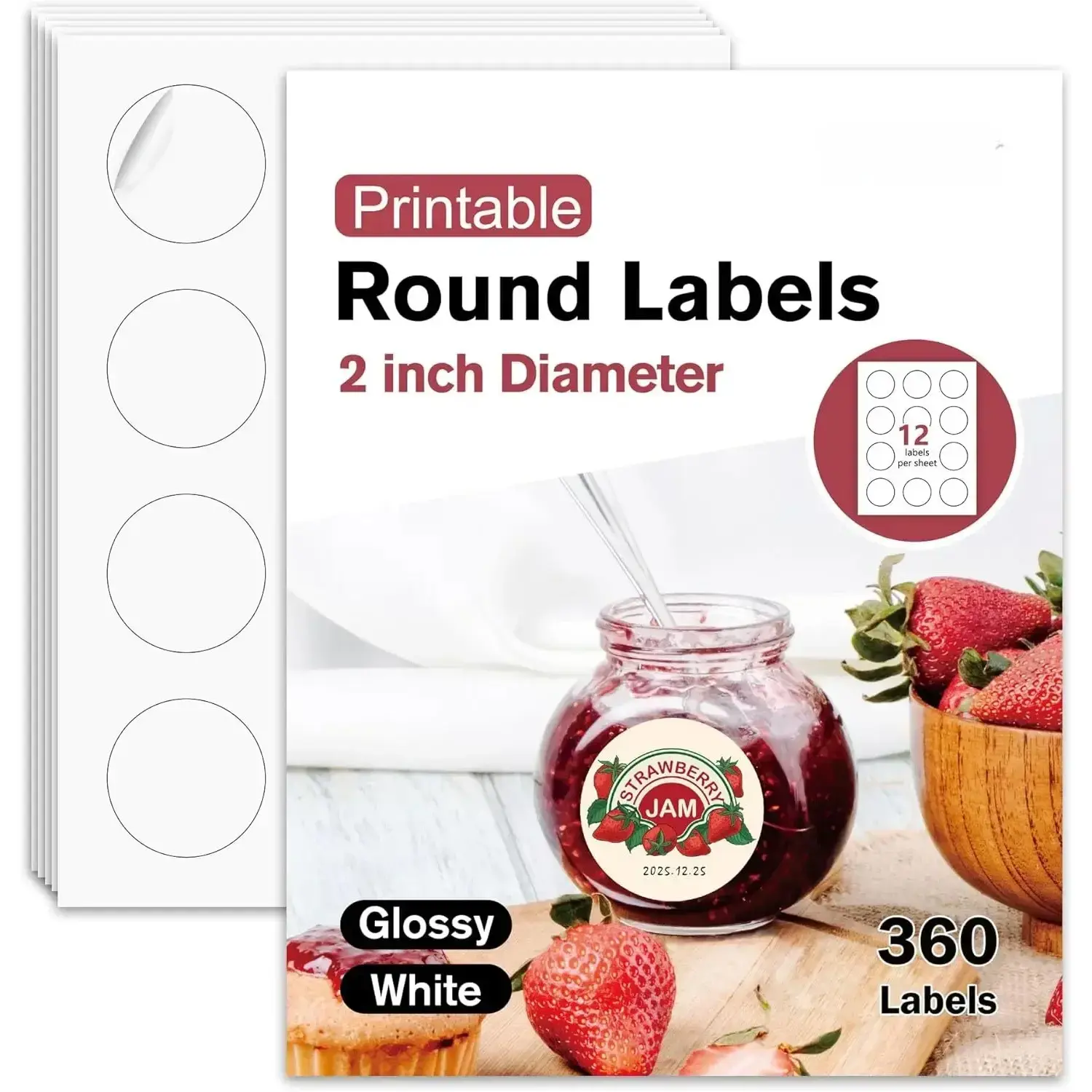 Glossy White 2" Round Adhesive Label Stickers, 8.5"x11" Sheets for Inkjet-Laser Printers, 360 Printable Circle Stickers for Businesses, Crafts, Custom Logos, Thank You Notes