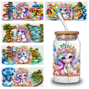 5 Sheets Unicorn Waterpark UV DTF Stickers Design UV DTF Cup Packaging Transfer Waterproof Self-Adhesive Paper for 16oz Glass Mug Water Bottle Cup Practical Wrap, 3d Crystal Label Waterproof And Scratch - High Quality