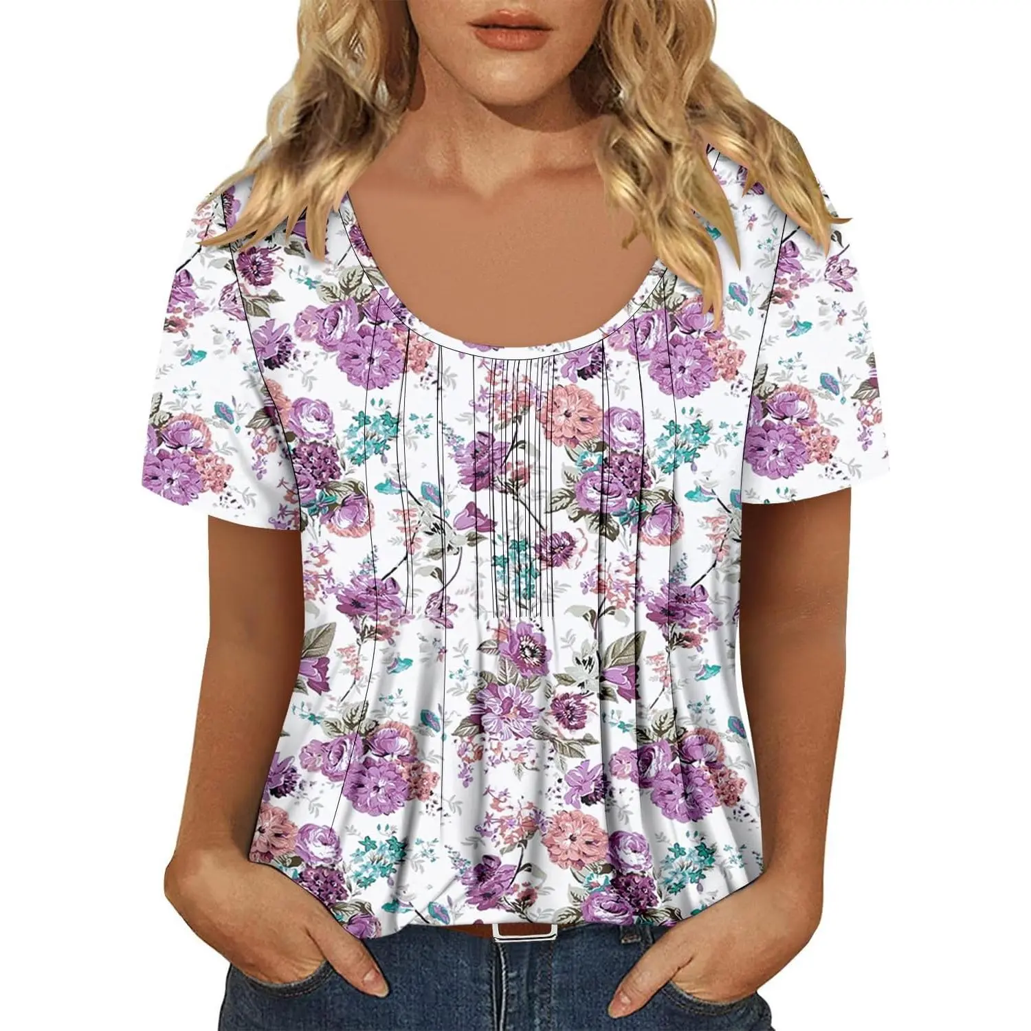 Womens Flowy Tunic Tops Short Sleeve Shirts Round Neck Ladies Blouses Summer Trendy Top