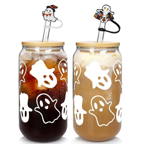 18oz Ghostly Designs Elegant Glass Cups Set (500-1000ml, Set of 2) - Glass Body Luxe Sipping Kitchen Drinkware with Lids, Straws, Straw Brush, Durable Bamboo Accent, Festive Decorations for Halloween Parties, Women's Gifts