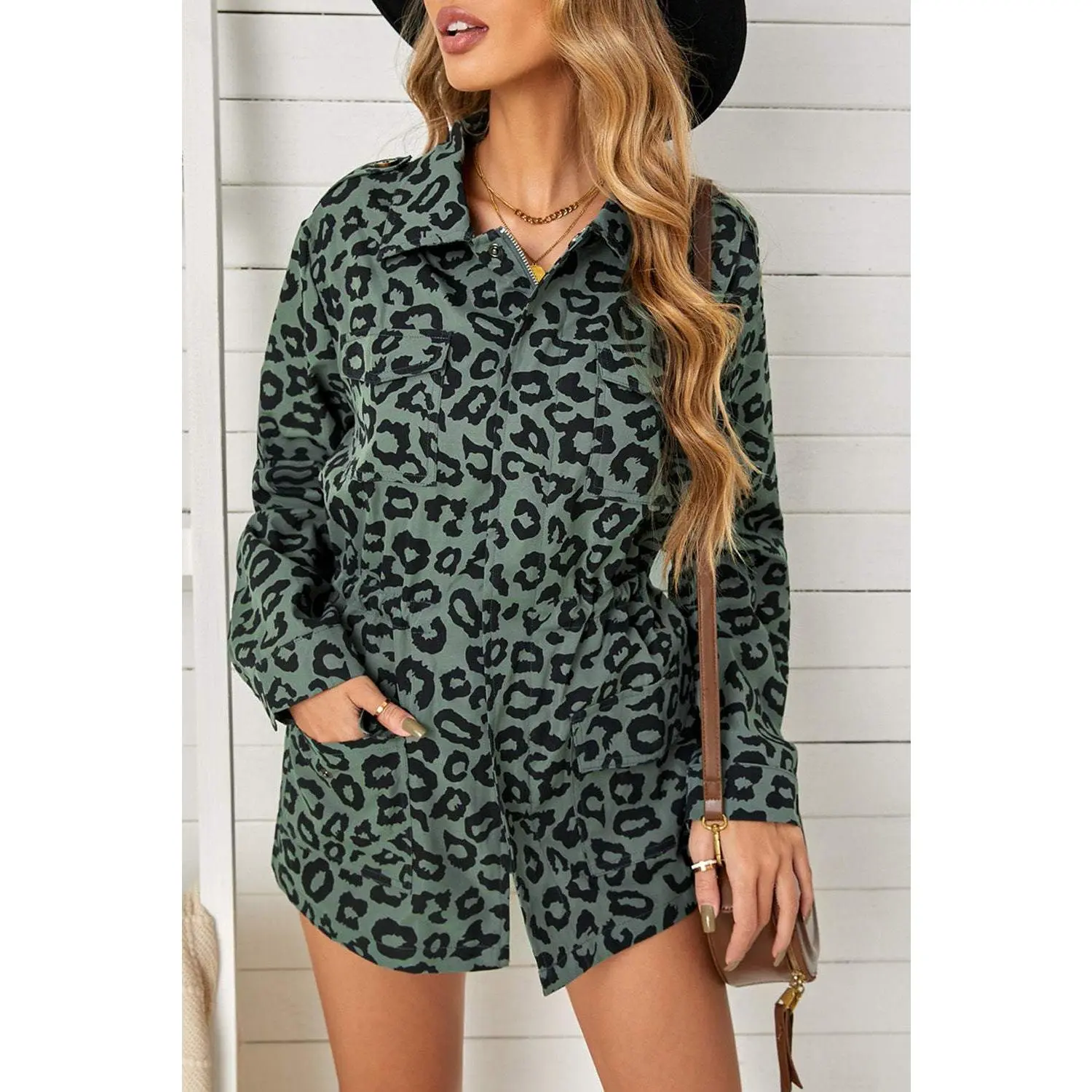 Leopard Drawstring Waist Jacket with Pockets