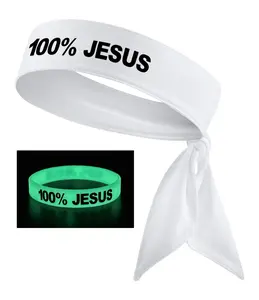 100% Jesus Sports Head Tie Headband & Silicone Wristband Soccer Fútbol Football White Black Athletics Fitness Stretch Sweatband Bandana Men's Women's Teens Youth Sweat Band Head Tie Back