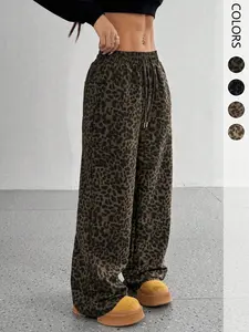 1 piece of women's spring and autumn leopard print drawstring high-waisted loose fit wide-leg casual pants, suitable for office, vacation, home, daily wear, festivals, and four seasons