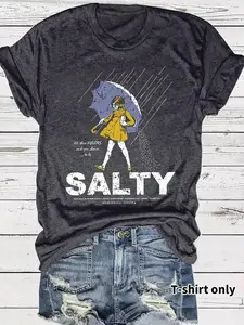 Women's Umbrella & Sality Girl Print Crew Neck Tee, Vintage Trendy Casual Short Sleeve Tshirt for Daily Wear, Ladies Summer, Top