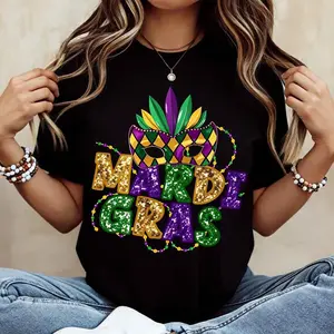 Casual T-Shirt Mardi Gras Mask And Beads Design For Festival Celebration