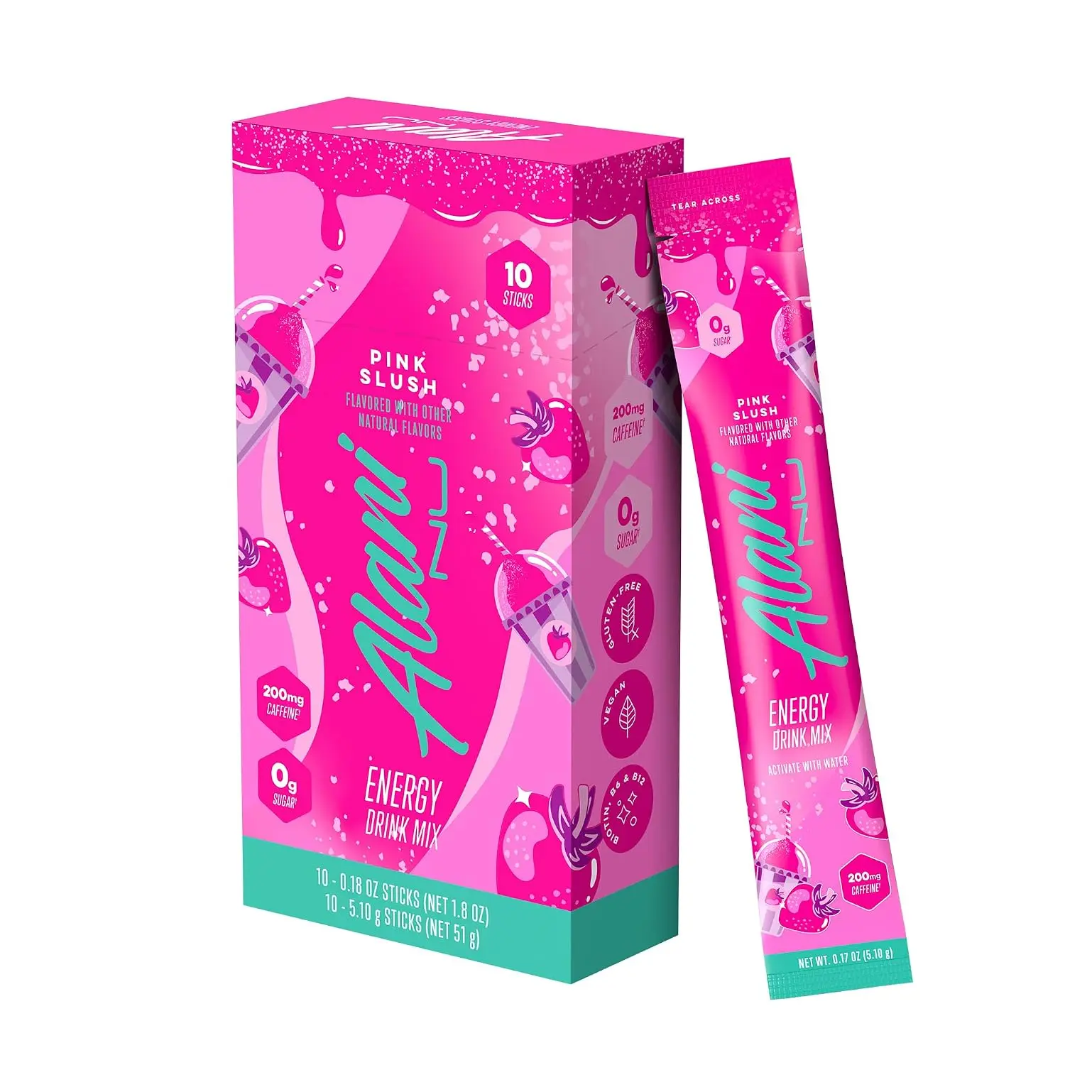 Alani Nu PINK SLUSH Energy Sticks, 10-Pack Energy Drink Powder, 200mg Caffeine, Pre-Workout Performance Support with Antioxidants, Biotin, B Vitamins, 0 Sugar, 5-10 Calories, On-The-Go Drink Mix