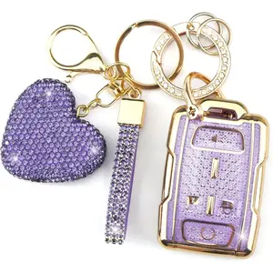 Key Fob Cover with Diamond Keychain Chevy Car Key Holder Compatible with Chevy Chevrolet 2014-2021 GMC Sierra Canyon Yukon Suburban Tahoe Silverado Colorado, 4 Buttons (Purple-Heart)