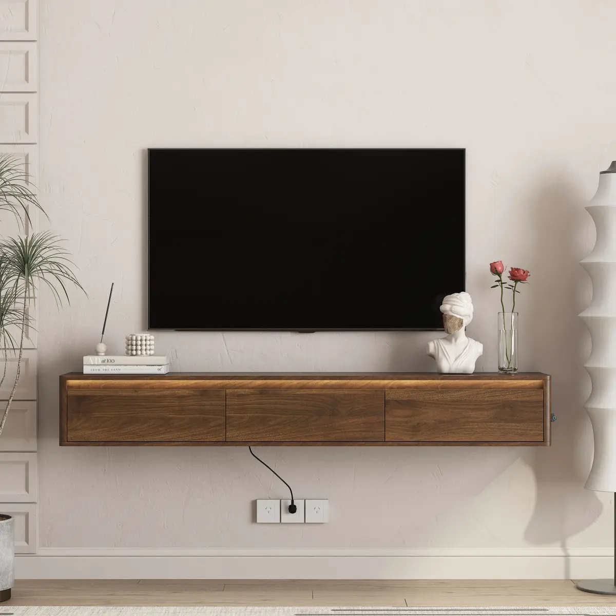 Floating TV Stand, Wall Mounted TV Shelf with Led Lights & Power Outlet,High Gloss TV Cabinet for Wood tv Stands for Living Room