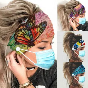 Leopard Button Headbands Wide Elastic Nurse Head Bands Yoga Sports Hairbands Non Slip Turban Boho Headwraps Mask Ear Saver Hair Scrafs Workout Hair Accessories for Women 4Pcs (Butterfly)