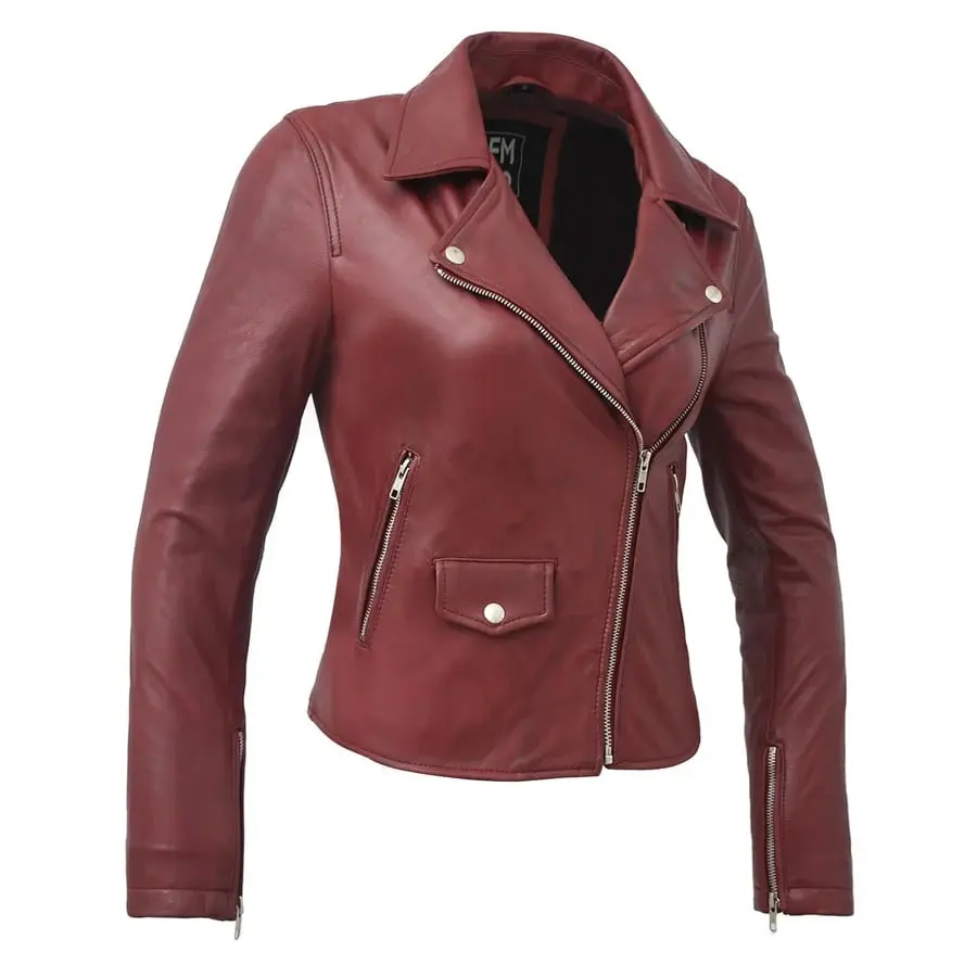 FM Women's Oxblood Asymmetrical Biker Style Leather Jacket