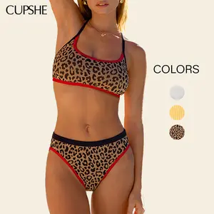 CUPSHE TikTokShopSpringGlowUp Coastal Ribbing Piping Bandeau & High-Rise Bottoms Bikini Set Trendy Adjustable Beachwear Straight Neckline High Rise Waist Straps Contrast Swimwear Swimsuit Women Season Bathing Suits bikini sets