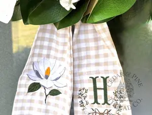 Monogram Magnolia Wreath Sash | Neutral Gingham Door Decor wreath sash, monogram door decor