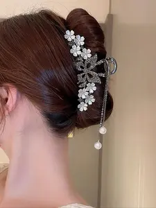 Elegant Rhinestone Decorated Butterfly Clips & Flower Design Hair Claw Clip, Casual Large Size Easy Grip Back Claw Updo, Fashion Tassel Decor Hair Accessories For Women & Girls