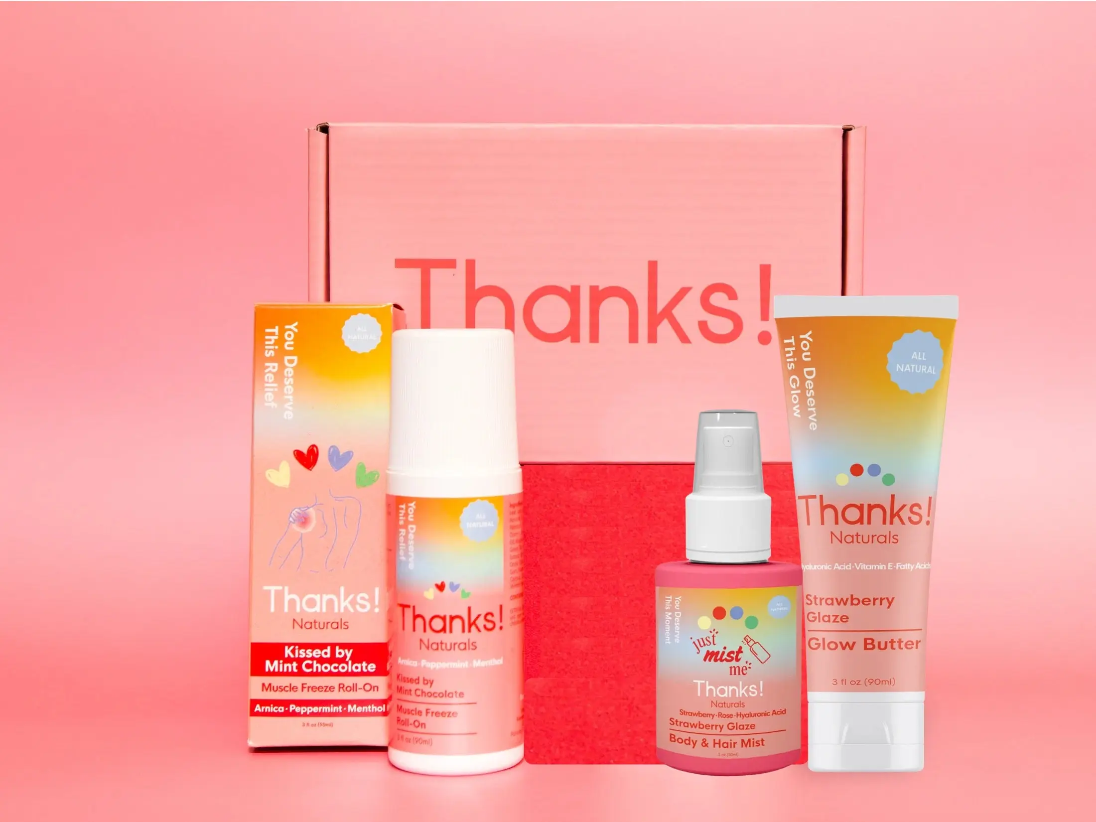 Thanks! Naturals Love You Mean It Valentine's Day Body Care Set Bundle - Mint Chocolate Muscle Freeze Roll On, Strawberry Glaze Glow Butter, Lightweight Hyaluronic Acid Lotion Cosmetic