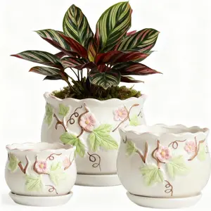 Embossed Vine Ceramic Plant Pot with Saucer Large Indoor Succulent Pot Creative Decor Planter