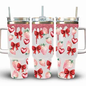 ON SALE! Stylish Strawberries & Hearts Design Tumbler 40oz with Straw and Handle for Everyday Use