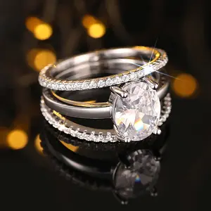 3-Piece Oval Zircon Ring Set for Couples – Unisex Daily Personalized Jewelry Gift