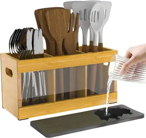 Utensil Holder for Kitchen Counter, Bamboo Cutlery Holder with 6 Compartments, Silverware Caddy for Party with Absorbing Drying Stone for Farmhouse Kitchen Decor, Rustic Cooking Utensil