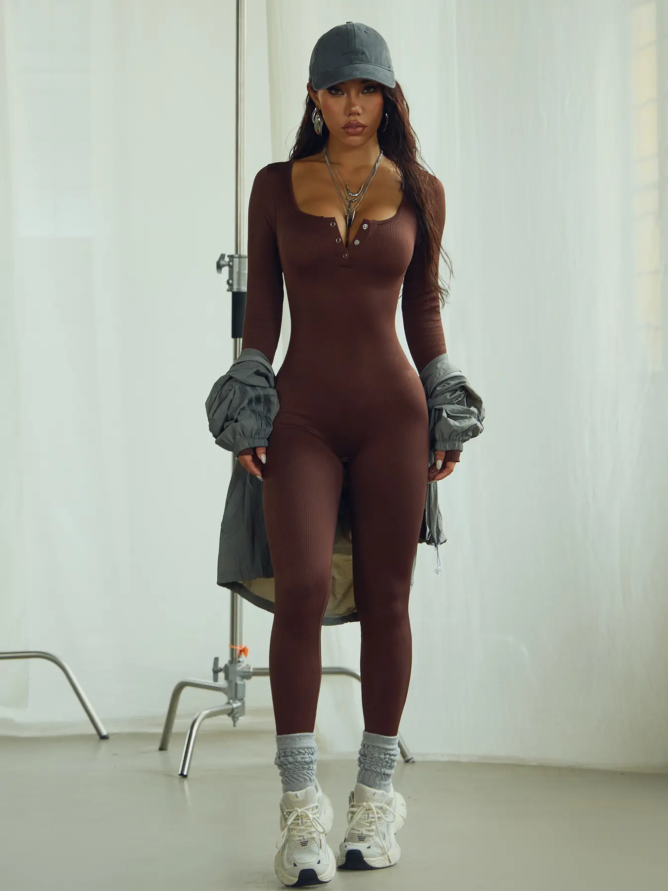 Women's Winter Casual Chic Tight-Fit Jumpsuit, Round Neck Long Sleeve Plain Romper, Below Ankle Length Knitted Fabric, Perfect Inner Wear, Womenswear