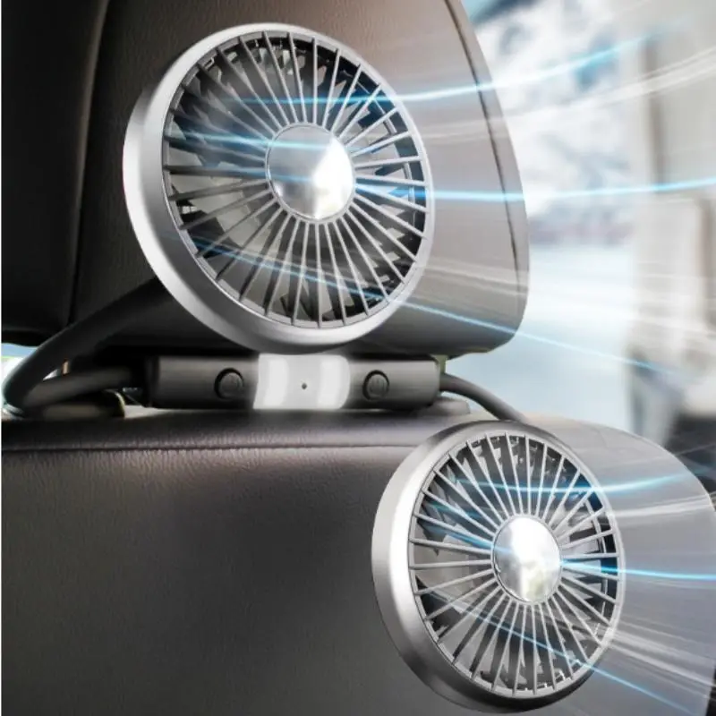 USB Car Fan, 360° Rotatable Cooling Fan with LED Light, Dual Rear Fan for Children Individually Controlled Head and Gear, Car Cooler for Car SUV Truck
