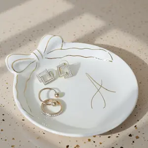 Custom Initial Ceramic Jewelry Tray with Bow - Ring Holder & Earring Dish | Christmas Gift Idea for Women, Unique Birthday Present for Her (A)