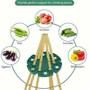 8-Piece green plastic plant support frame with multiple rings for vertical climbing support structures for growing plants, peas, beans, tomatoes, and cucumbers.