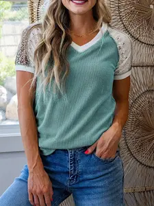 Summer Fashion Colorblock Lace Leopard Patchwork Knot Ribbed T-Shirt, Stylish Women's Casual Top, Trendy Streetwear