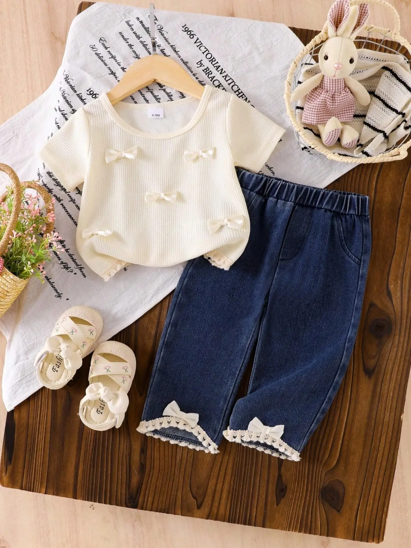Boho Style Casual Baby Girl 2-Piece Set, Bow Fringe Top and Jeans, Round Neck Short Sleeve Tee, Elastic Waist Asymmetrical Design, Baby Clothing