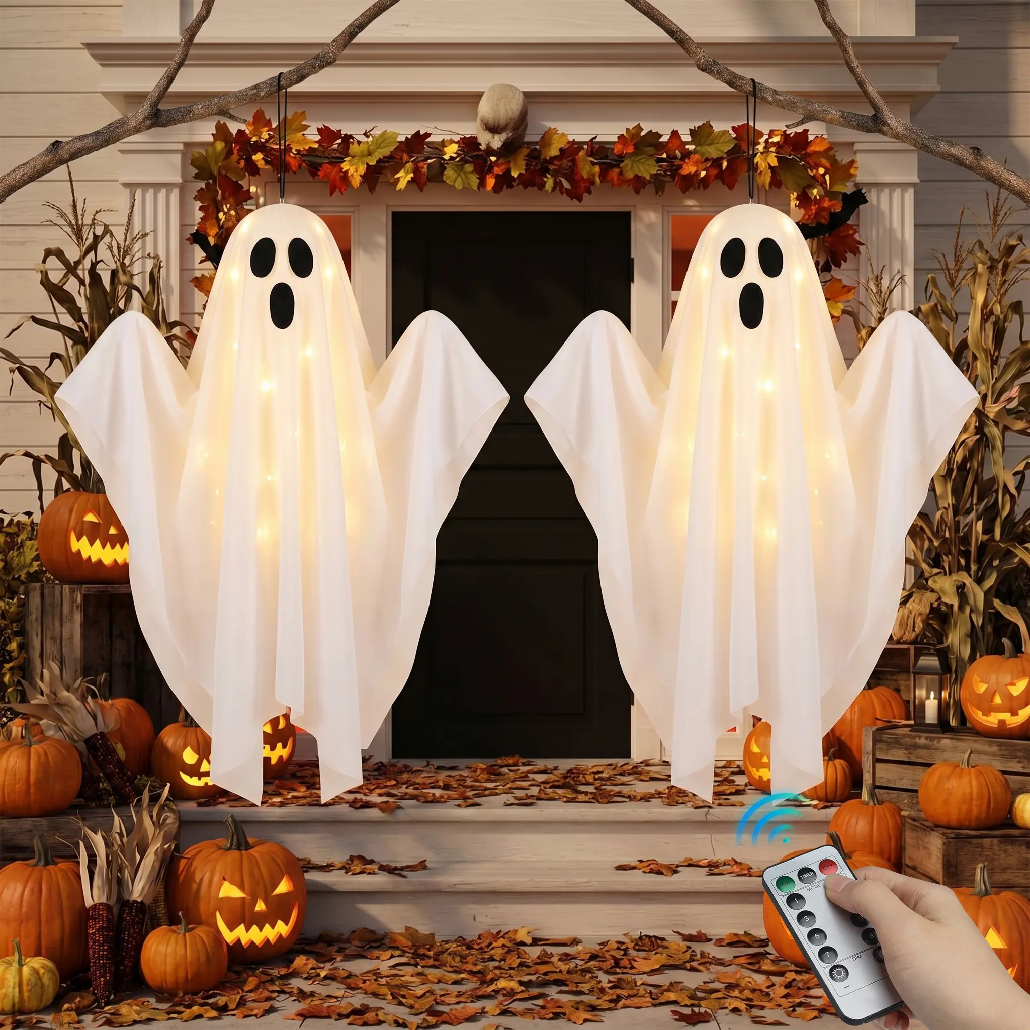2-Pack Halloween Light-Up Hanging Ghost Decorations, Battery-Operated LED Cable Decor  Swinging Floating for Outdoor Front Porch Yard Tree   garden, Indoor Home Festive Decor spooky scary decor display holiday decorative ambiance cute ornament