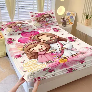 3Pcs Cute Jesus & Little Girl Fitted Sheet Set with 2 Pillowcases, "God is Good" Pink Flower Print Bed Cover, Inspirational Religious Elastic Mattress Protector, Soft Bedding for Christian Girls Bedroom Decor, Comfy Bed Sets