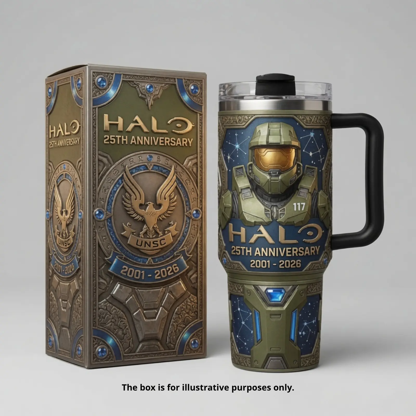 Halo 25th Anniversary 40oz Insulated Tumbler with Handle, Master Chief, Cortana, Arbiter and UNSC Game Timeline Design, Reusable Stainless Steel Travel Coffee Mug, Sci-Fi Gaming Gift for Fans