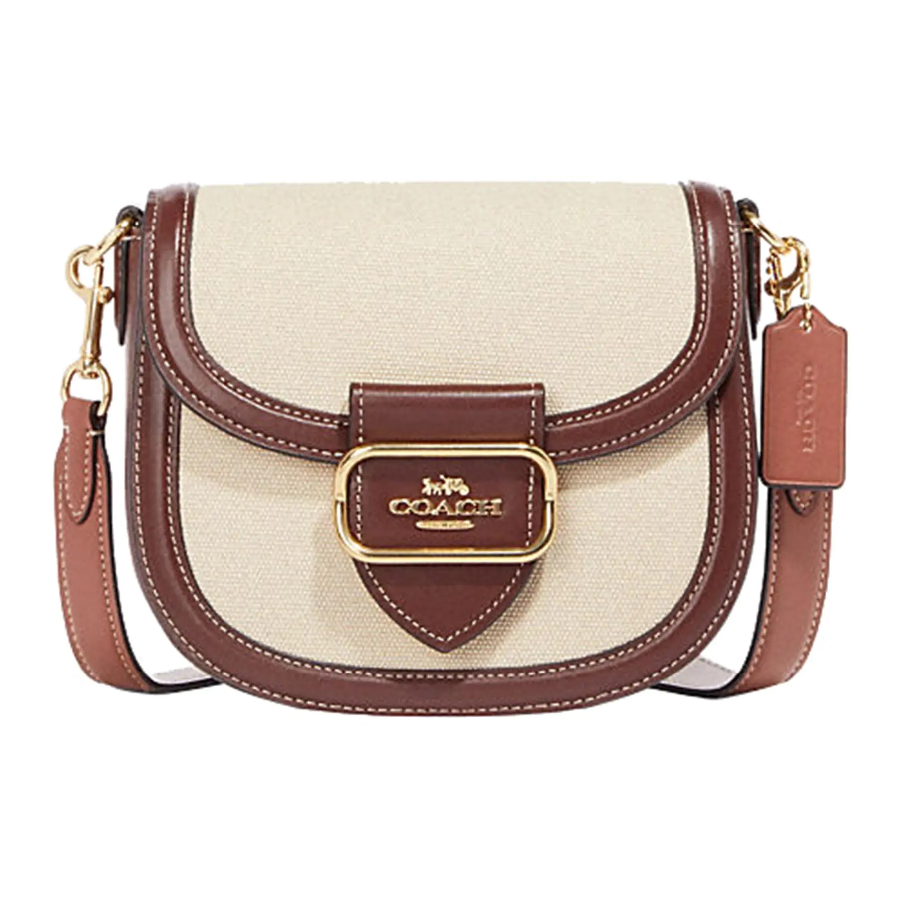 COACH Morgan 20 Metallic Logo Flap Saddle Bag for Women – Red and Beige Leather and Fabric Crossbody Shoulder Bag