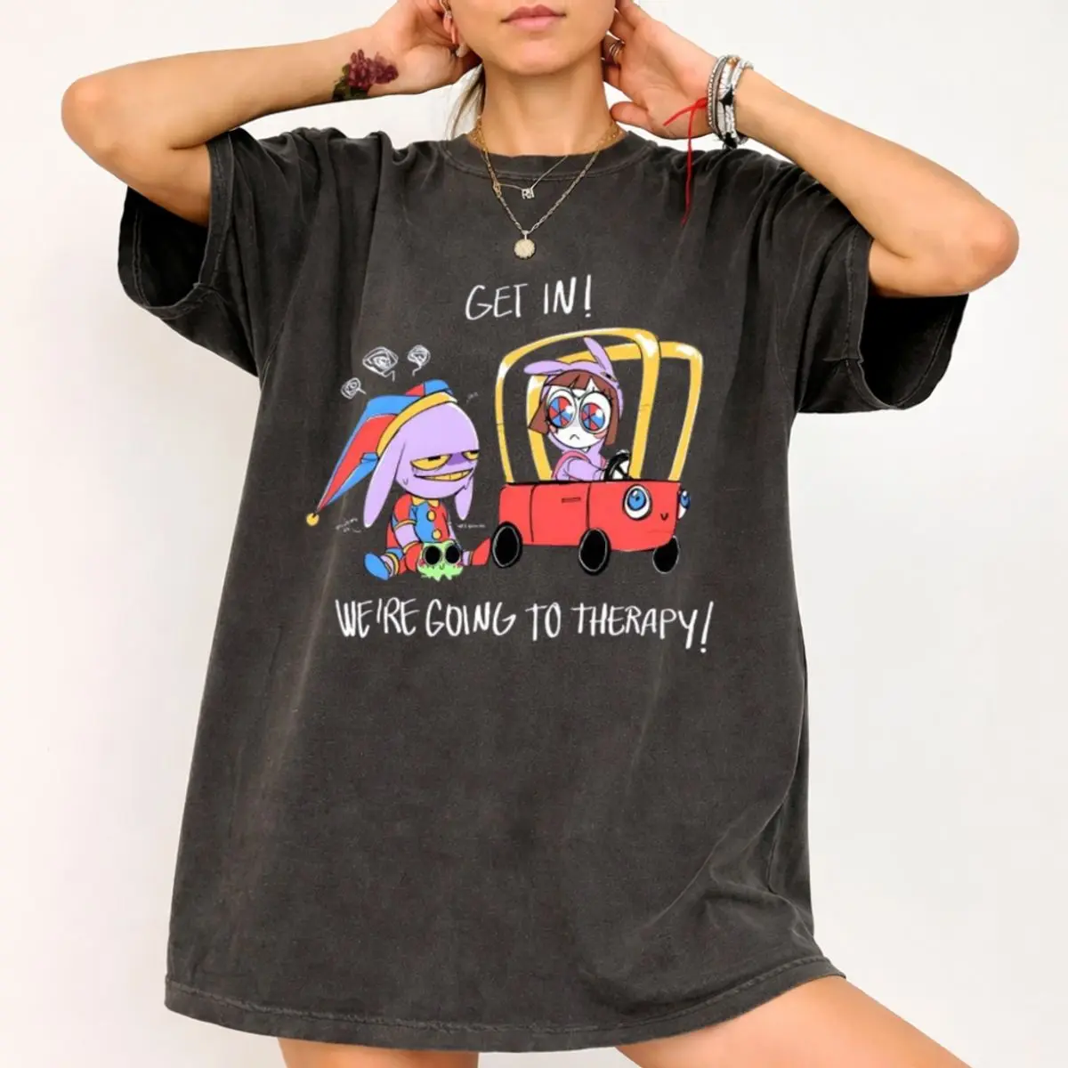 Comfort Colors Get In We're Going To Therapy Shirt, Jax X Pomni Therapy T Shirt, The Amazing Digitall Circus Tee. Pomni And Jax Top , Unisex Garment-Dyed Tee, Classic Streetwear