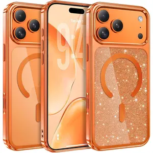 Magnetic for iPhone 17 Pro Max Case 6.9", Cte Crystal [Glitter Card] [Compatible with MagSafe] Sparkly Slim Clear Shockproof Protective Women Girl Phone Cover for 17 ProMax, Cosmic Orange
