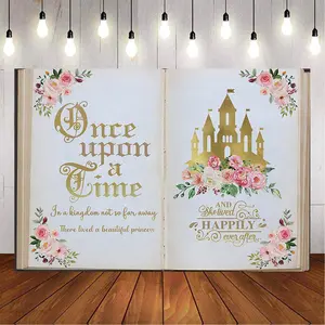 2D Flat Banner Once Upon a Time Floral Gold Castle Princess Birthday Party Decoration, Photo Booth Backdrop, Cake Table Decor, Party Decoration Supplies