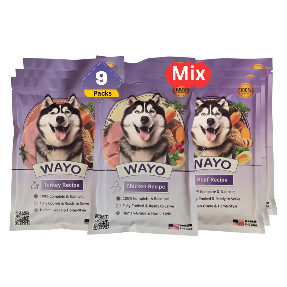 WaYo 9 pack BEEF, Chicken, Turkey Meals for Dogs - 12 Oz Grass-Fed Premium Meat - Ready-to-Serve - No Fillers or Art. Additives - All Life Stages - High-Protein - Human-Grade - Made in USA