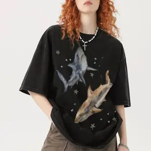 Retro Vintage Women's T-Shirt - Celestial Watercolor Sharks Graphic Short Sleeve Tee