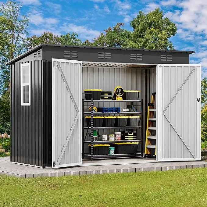 YITAHOME 9.1x4.2ft Large Tool Storage Shed with Window, Lockable Doors, and Sloped Roof, Oversized Steel Outdoor Storage Shed for Garden, Patio, Garag