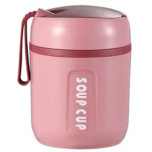 Wedding Gift Food Jar 480ML Stainless Steel Meal Jar with Foldable Spoon Thermal Insulated Soup Container Protable Meal Container with Silicone Rope Food Leak Proof Food Soup Jar for Kids Adult