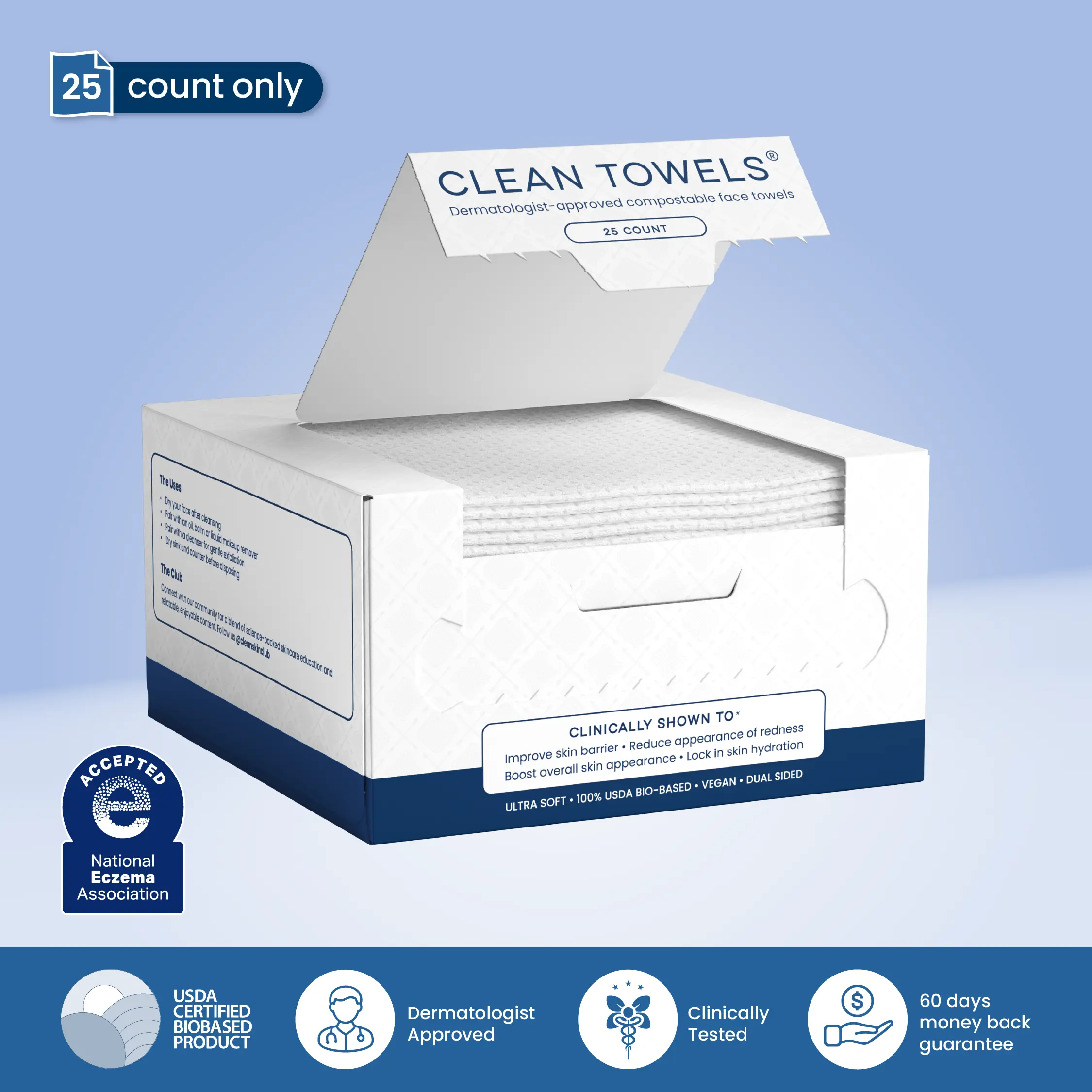 Clean Skin Club Clean Towels® 100% USDA Biobased Face Towel Disposable Eczema Association Accepted Makeup Remover Dry Wipes Ultra Soft 1 Pack 25 Ct for Facial Cleansing Clean Skin Club Clean Towels® 100% USDA Biobased Face Towel Disposable Eczema Association Accepted Makeup Remover Dry Wipes Ultra Soft 1 Pack 25 Ct for Facial Cleansing