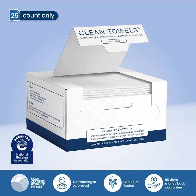 Clean Skin Club Clean Towels® 100% USDA Biobased Face Towel Disposable Eczema Association Accepted Makeup Remover Dry Wipes Ultra Soft 1 Pack 25 Ct for Facial Cleansing