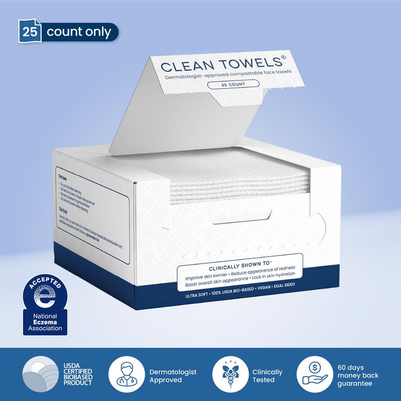 Clean Skin Club Clean Towels® 100% USDA Biobased Face Towel Disposable Eczema Association Accepted Makeup Remover Dry Wipes Ultra Soft 1 Pack 25 Ct for Facial Cleansing