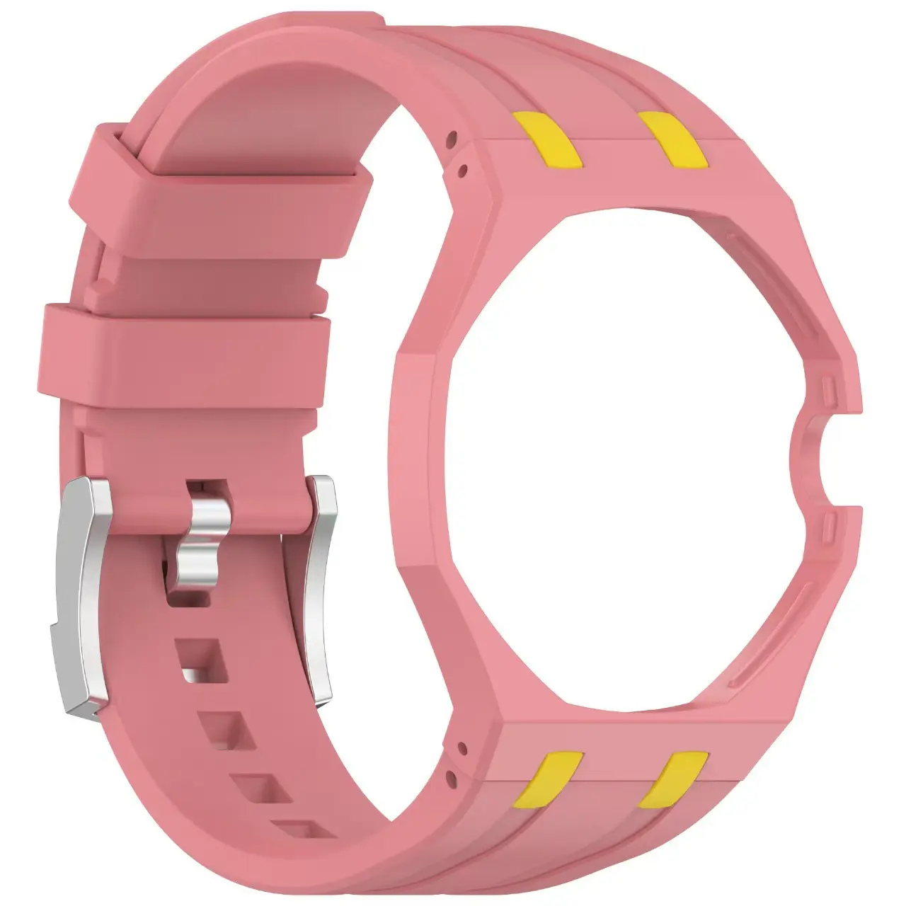 Octagonal Integrated Silicone Watch Replacement Strap - 2-Tone Design, Metal Buckle, Adjustable Length, Multiple Color Options, Daily Wear Fashion Watch Accessory