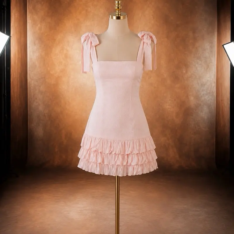 Blush Pink Ruffle Mini Dress for Women | Bow Strap Elegant Sleeveless Party Dress