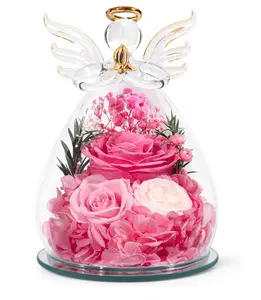 Gifts for Women Preserved Rose Forever Flower in Glass Angel Figurines Fresh Flowers for Delivery Prime Mothers Day Birthday Gifts for Mom Real Pink Roses for Grandma Sister Wife Her from Daughter
